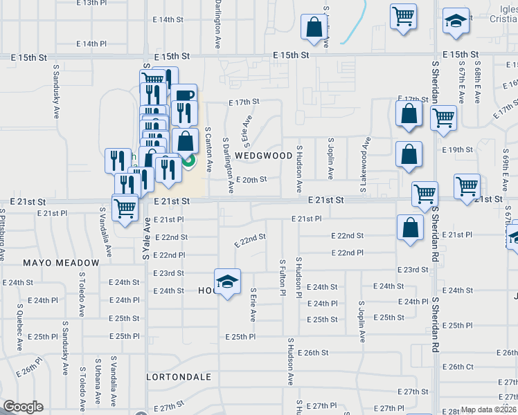 map of restaurants, bars, coffee shops, grocery stores, and more near 5333 Service Road in Tulsa