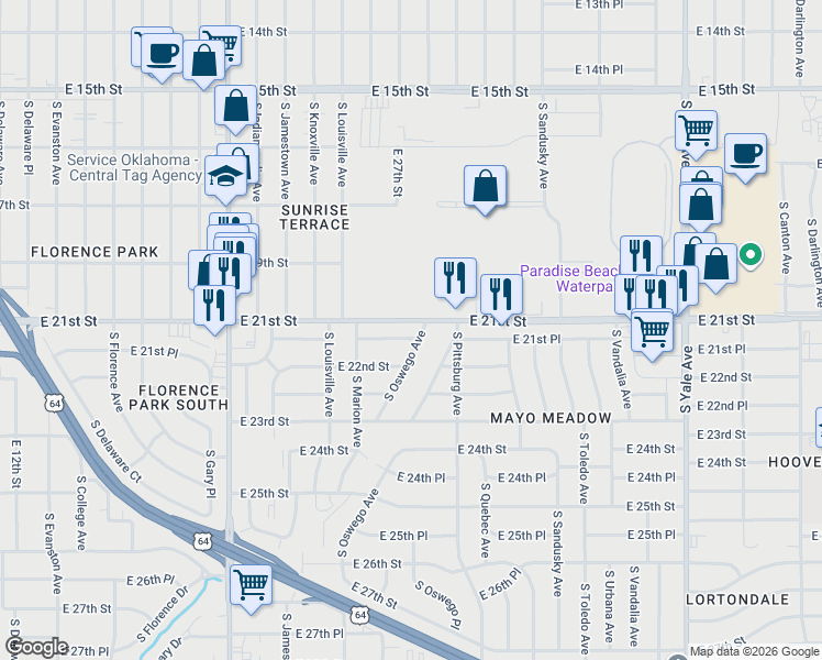 map of restaurants, bars, coffee shops, grocery stores, and more near in Tulsa County