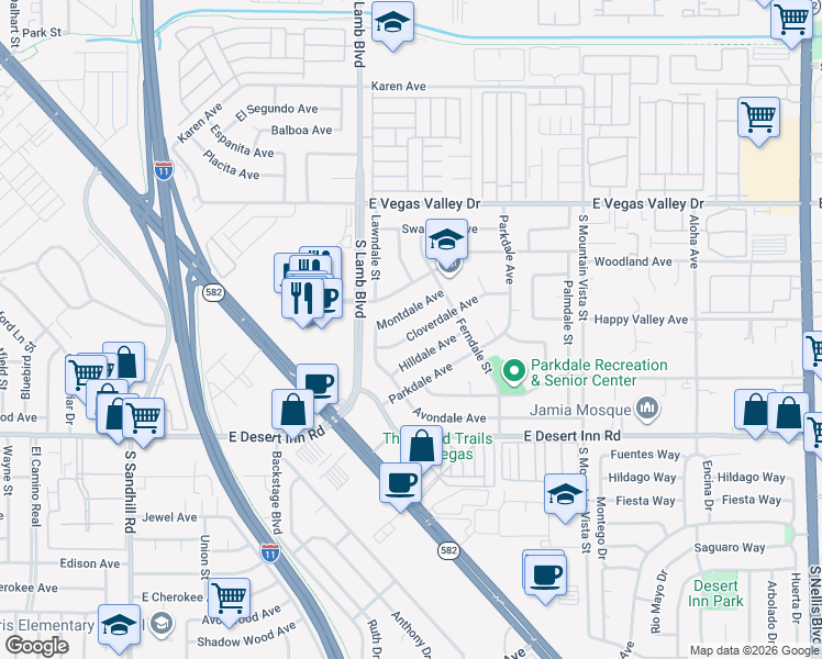 map of restaurants, bars, coffee shops, grocery stores, and more near 4282 Montdale Avenue in Las Vegas