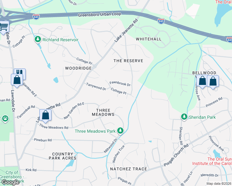 map of restaurants, bars, coffee shops, grocery stores, and more near 2104 Cottage Place in Greensboro