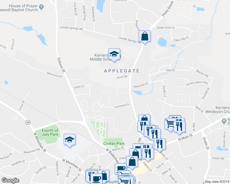 map of restaurants, bars, coffee shops, grocery stores, and more near 216 Oxford Ridge Lane in Kernersville