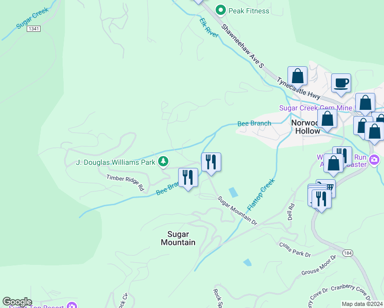 map of restaurants, bars, coffee shops, grocery stores, and more near 223 Glenwood Lane in Sugar Mountain