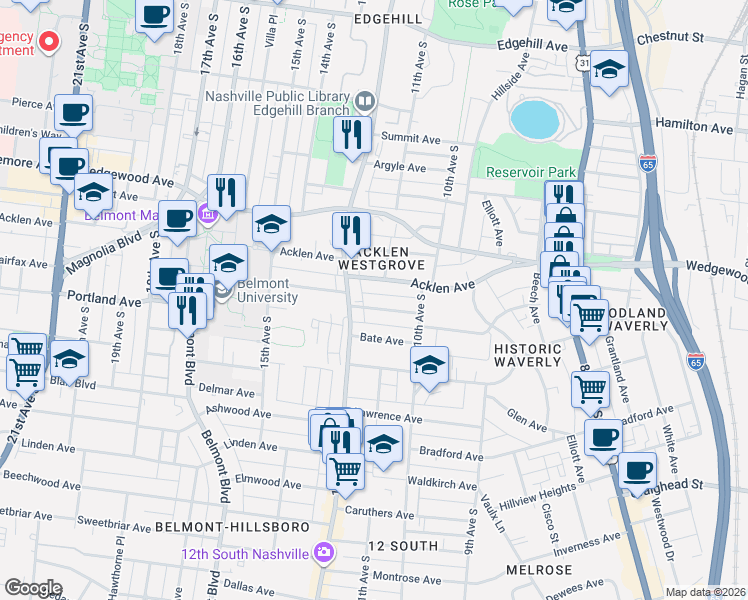 map of restaurants, bars, coffee shops, grocery stores, and more near 1013 Acklen Avenue in Nashville
