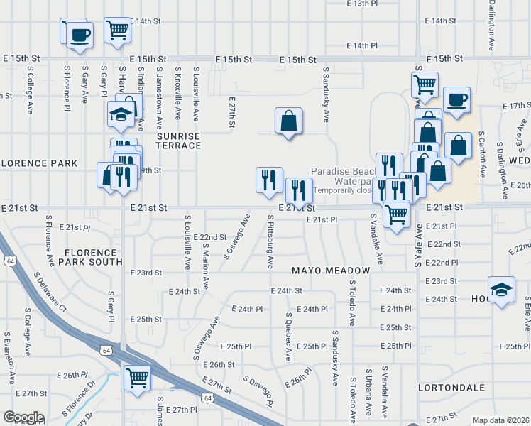 map of restaurants, bars, coffee shops, grocery stores, and more near 4145 East 21st Street in Tulsa
