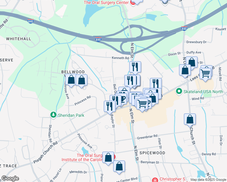 map of restaurants, bars, coffee shops, grocery stores, and more near 4110 Baylor Street in Greensboro