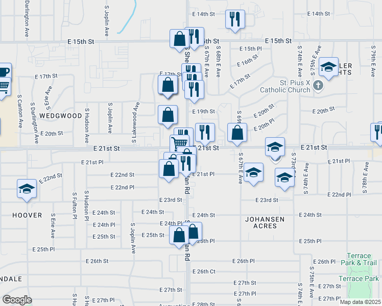 map of restaurants, bars, coffee shops, grocery stores, and more near 2109 South Sheridan Road in Tulsa