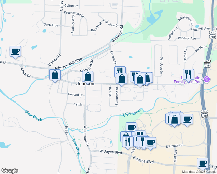 map of restaurants, bars, coffee shops, grocery stores, and more near 2400 Main Drive in Springdale
