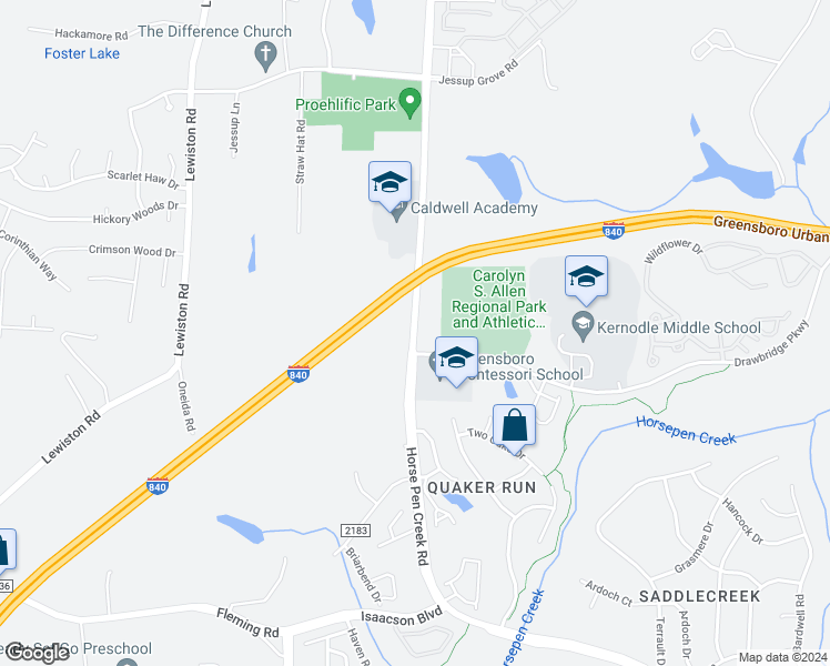 map of restaurants, bars, coffee shops, grocery stores, and more near Horse Pen Creek Road in Greensboro
