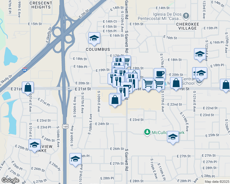 map of restaurants, bars, coffee shops, grocery stores, and more near 1940 South Garnett Road in Tulsa