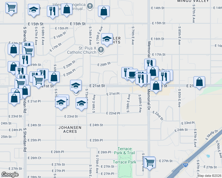 map of restaurants, bars, coffee shops, grocery stores, and more near 7614 East 21st Street in Tulsa