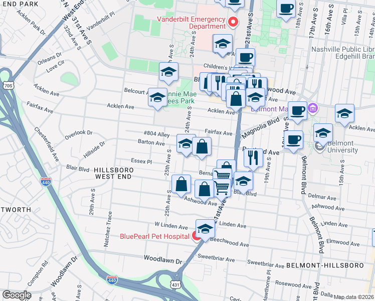 map of restaurants, bars, coffee shops, grocery stores, and more near 1910 24th Avenue South in Nashville