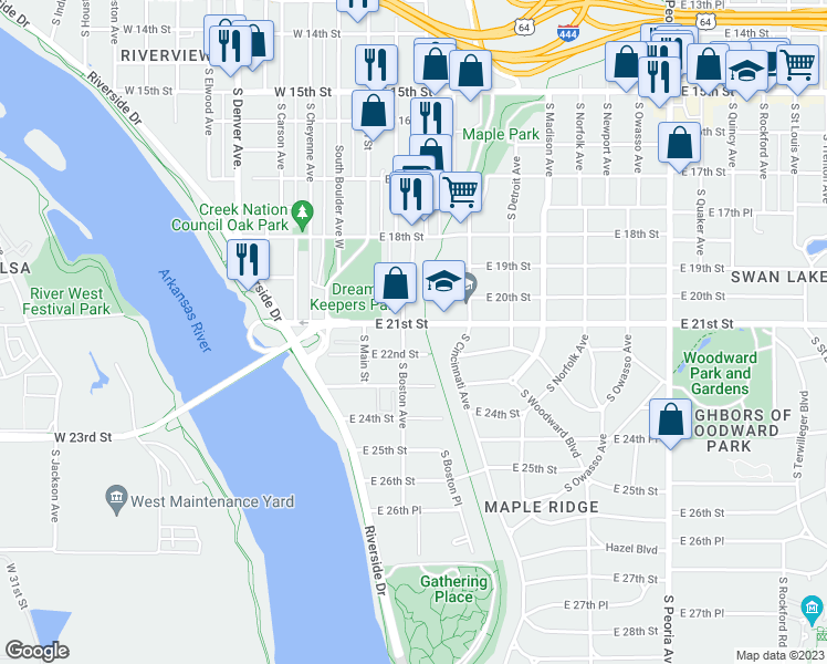 map of restaurants, bars, coffee shops, grocery stores, and more near 116 East 21st Street in Tulsa