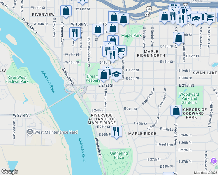 map of restaurants, bars, coffee shops, grocery stores, and more near 116 East 21st Street in Tulsa