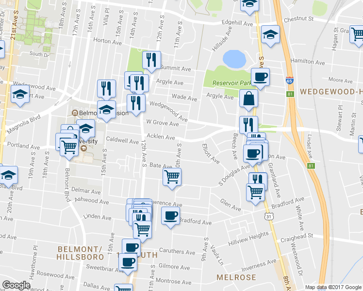 map of restaurants, bars, coffee shops, grocery stores, and more near 933 Acklen Avenue in Nashville