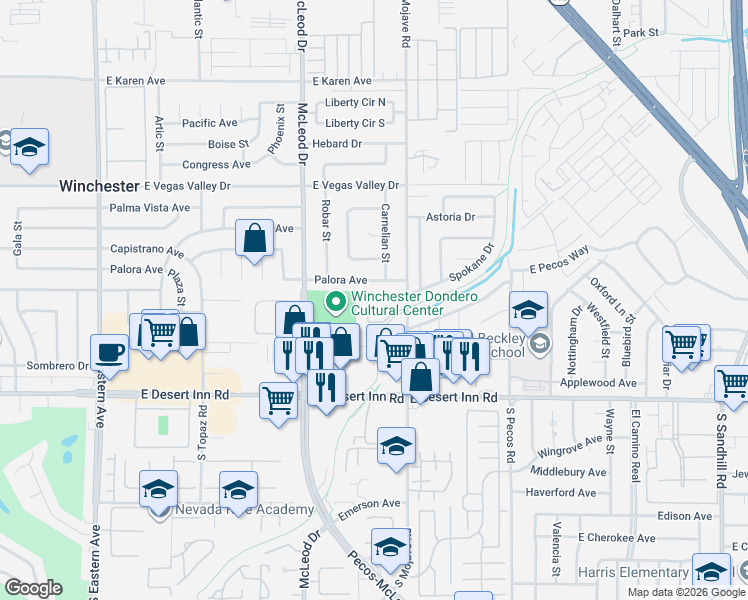 map of restaurants, bars, coffee shops, grocery stores, and more near 3115 Palora Avenue in Las Vegas