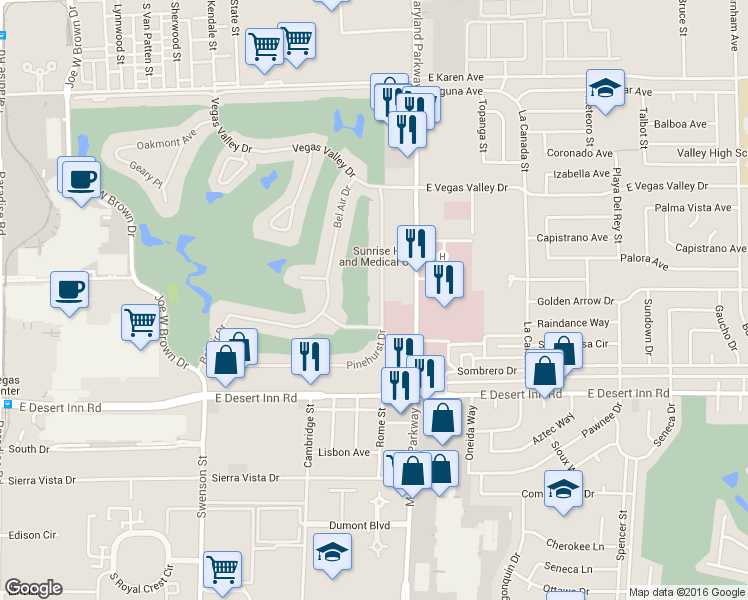 map of restaurants, bars, coffee shops, grocery stores, and more near 3141 Pinehurst Drive in Las Vegas