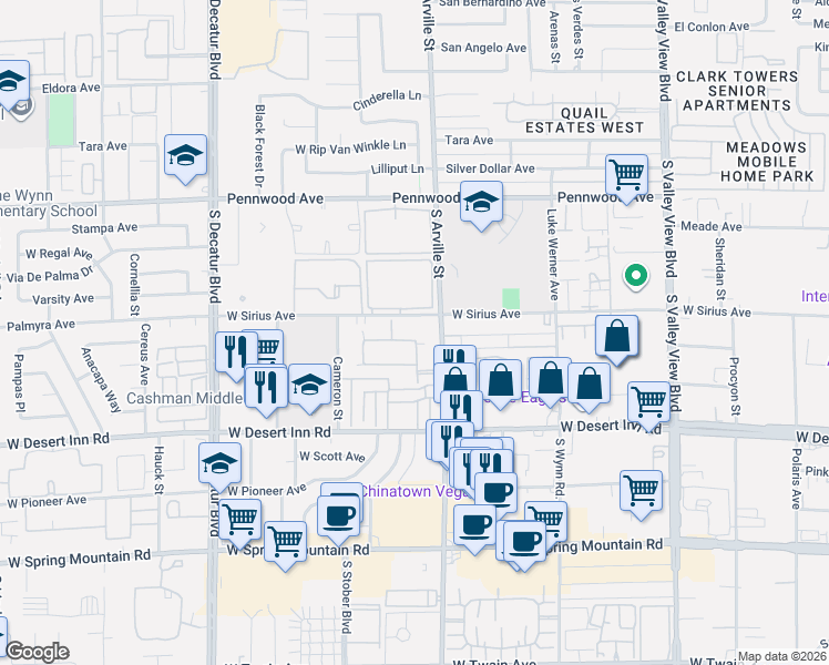 map of restaurants, bars, coffee shops, grocery stores, and more near 4439 West Sirius Avenue in Las Vegas