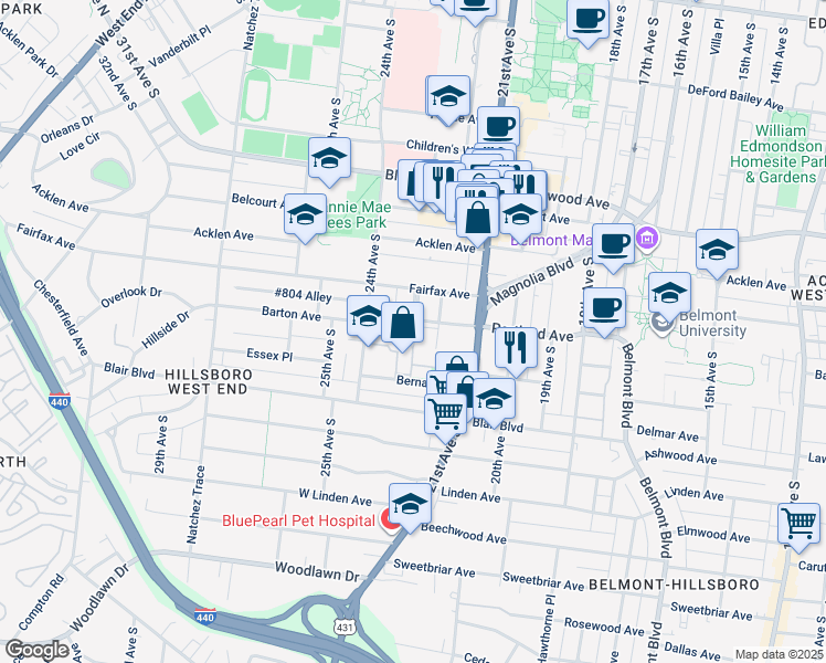 map of restaurants, bars, coffee shops, grocery stores, and more near 2002 Calhoun Avenue in Nashville