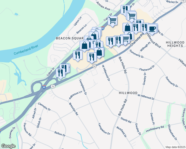 map of restaurants, bars, coffee shops, grocery stores, and more near 1248 Hillwood Private Cove in Nashville