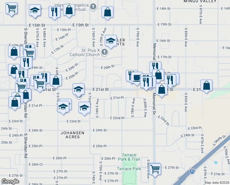 map of restaurants, bars, coffee shops, grocery stores, and more near 7614 East 21st Street in Tulsa