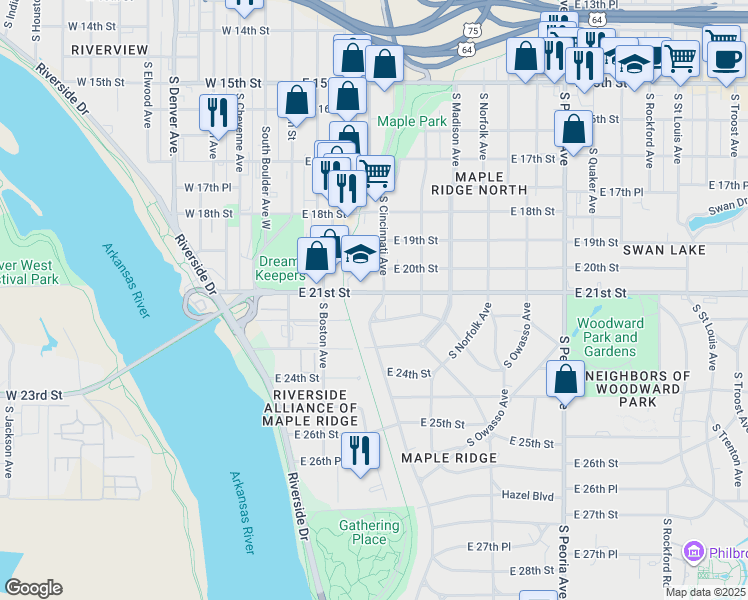 map of restaurants, bars, coffee shops, grocery stores, and more near in Tulsa