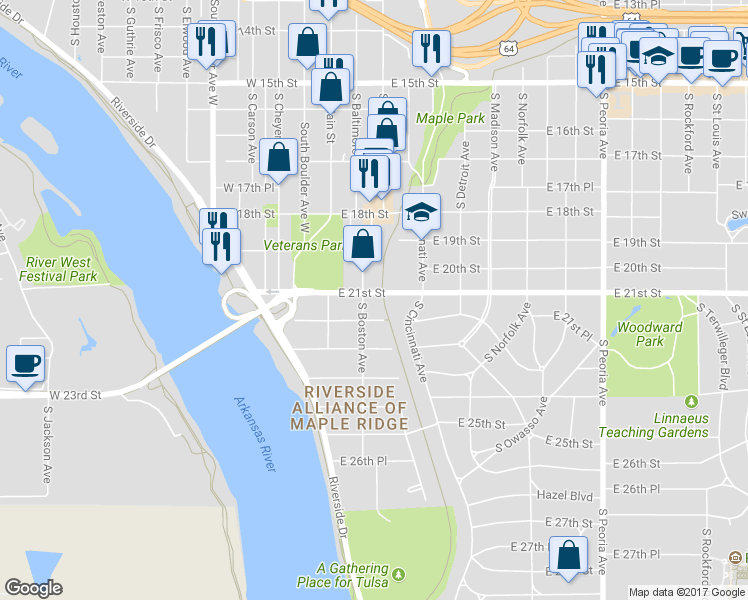 map of restaurants, bars, coffee shops, grocery stores, and more near 116 East 21st Street in Tulsa