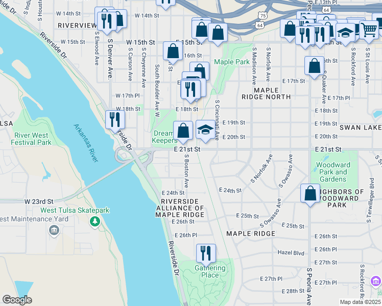 map of restaurants, bars, coffee shops, grocery stores, and more near 116 East 21st Street in Tulsa