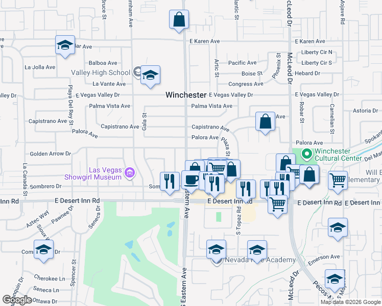 map of restaurants, bars, coffee shops, grocery stores, and more near 3120 South Eastern Avenue in Las Vegas