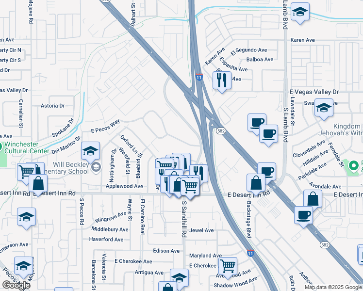 map of restaurants, bars, coffee shops, grocery stores, and more near 136 Greenbriar Townhouse Way in Las Vegas