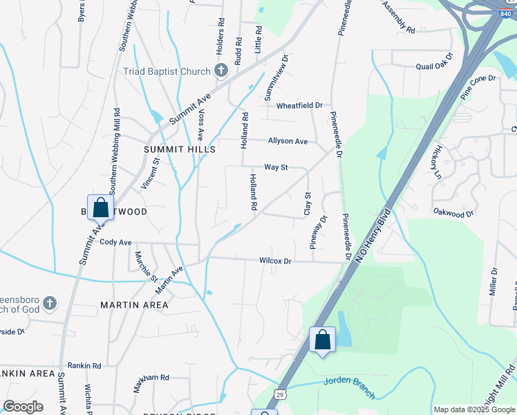 map of restaurants, bars, coffee shops, grocery stores, and more near 4300 Holland Road in Greensboro