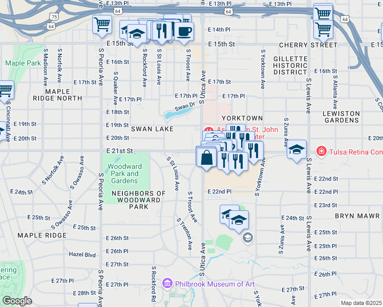 map of restaurants, bars, coffee shops, grocery stores, and more near 1623 East 21st Street in Tulsa