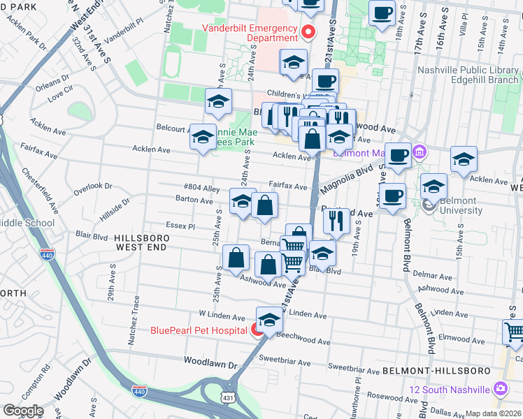 map of restaurants, bars, coffee shops, grocery stores, and more near 1910 24th Avenue South in Nashville