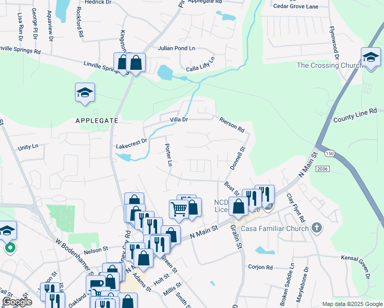 map of restaurants, bars, coffee shops, grocery stores, and more near 343 Windsor Manor Way in Kernersville