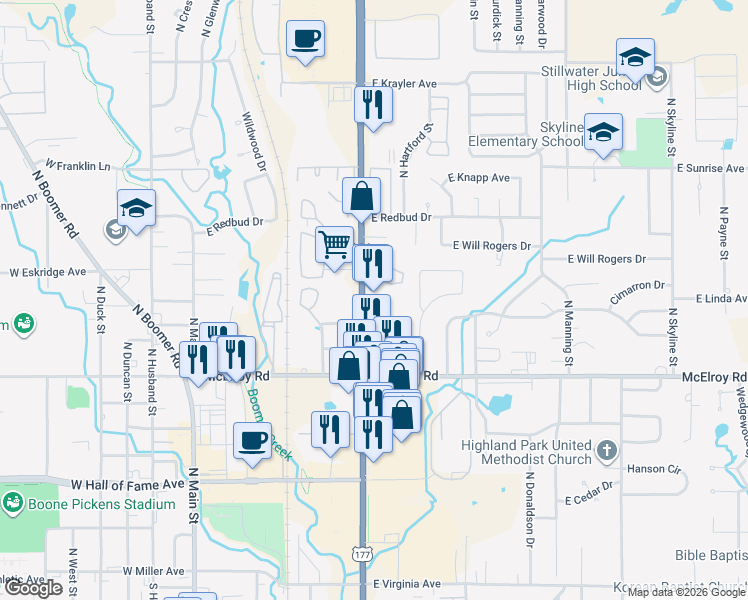 map of restaurants, bars, coffee shops, grocery stores, and more near 919 North Perkins Road in Stillwater
