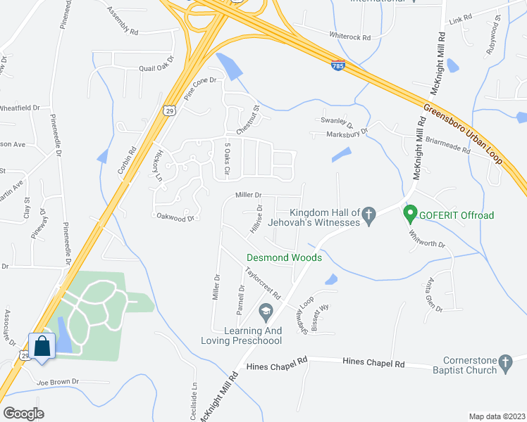 map of restaurants, bars, coffee shops, grocery stores, and more near 3720 Hillrise Drive in Greensboro