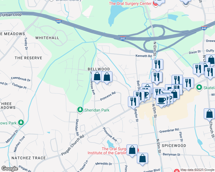 map of restaurants, bars, coffee shops, grocery stores, and more near 4231 Baylor Street in Greensboro