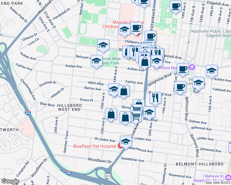 map of restaurants, bars, coffee shops, grocery stores, and more near 2000 24th Avenue South in Nashville