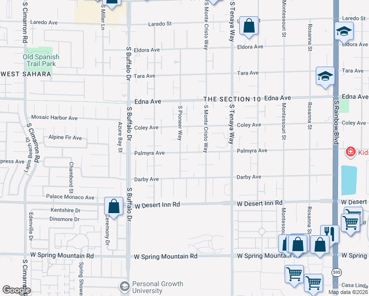 map of restaurants, bars, coffee shops, grocery stores, and more near 7540 Palmyra Avenue in Las Vegas