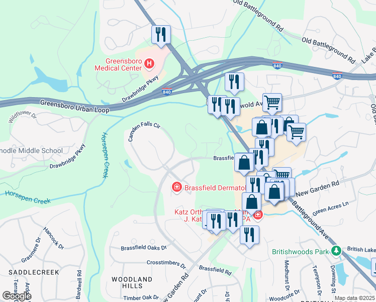 map of restaurants, bars, coffee shops, grocery stores, and more near 3709 Winborne Lane in Greensboro