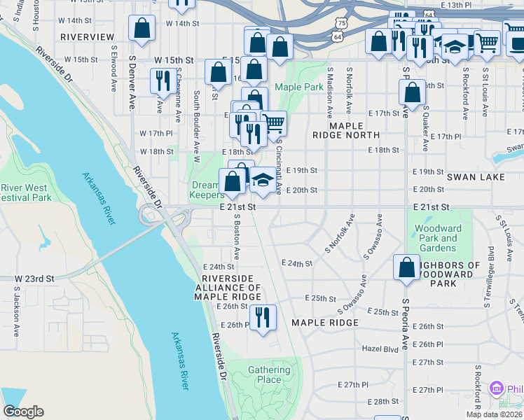 map of restaurants, bars, coffee shops, grocery stores, and more near 116 East 21st Street in Tulsa