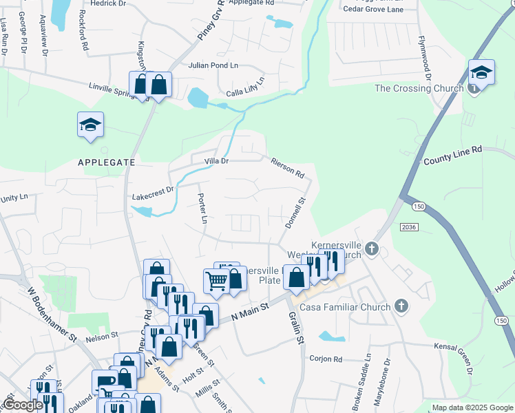 map of restaurants, bars, coffee shops, grocery stores, and more near 506 Windsor Way Court in Kernersville