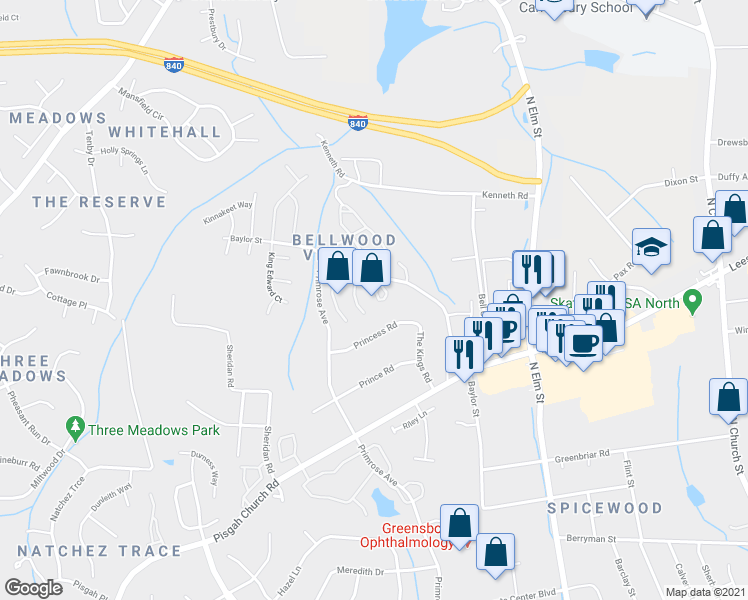 map of restaurants, bars, coffee shops, grocery stores, and more near 4231 Baylor Street in Greensboro