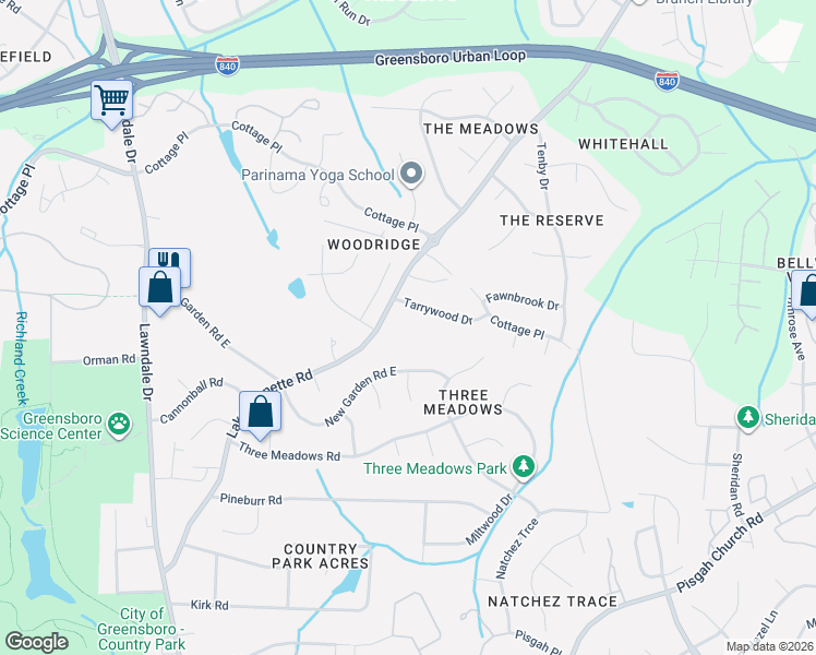 map of restaurants, bars, coffee shops, grocery stores, and more near 4654 Lake Jeanette Road in Greensboro