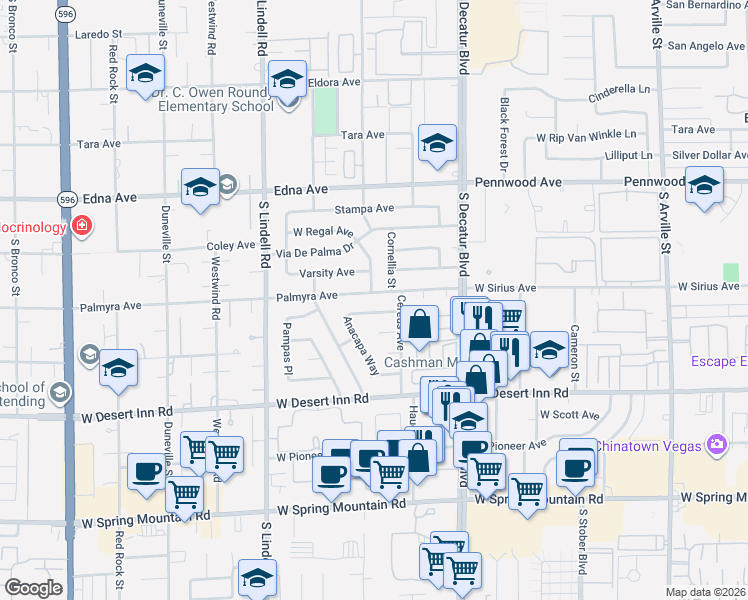 map of restaurants, bars, coffee shops, grocery stores, and more near 5188 Palmyra Avenue in Las Vegas