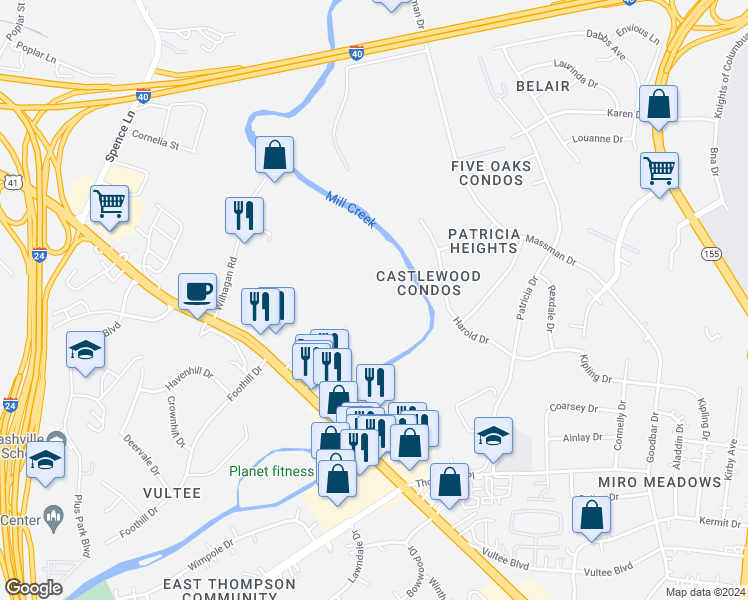 map of restaurants, bars, coffee shops, grocery stores, and more near 305 Millwood Drive in Nashville