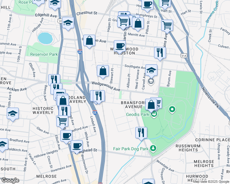 map of restaurants, bars, coffee shops, grocery stores, and more near 630A Wedgewood Avenue in Nashville