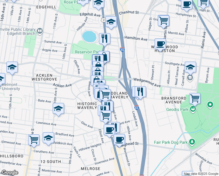 map of restaurants, bars, coffee shops, grocery stores, and more near 752 Roycroft Place in Nashville