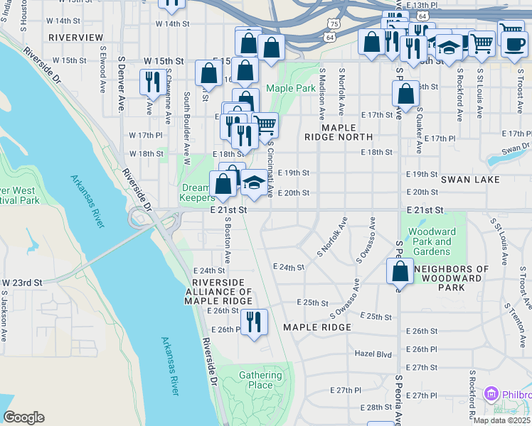 map of restaurants, bars, coffee shops, grocery stores, and more near in Tulsa