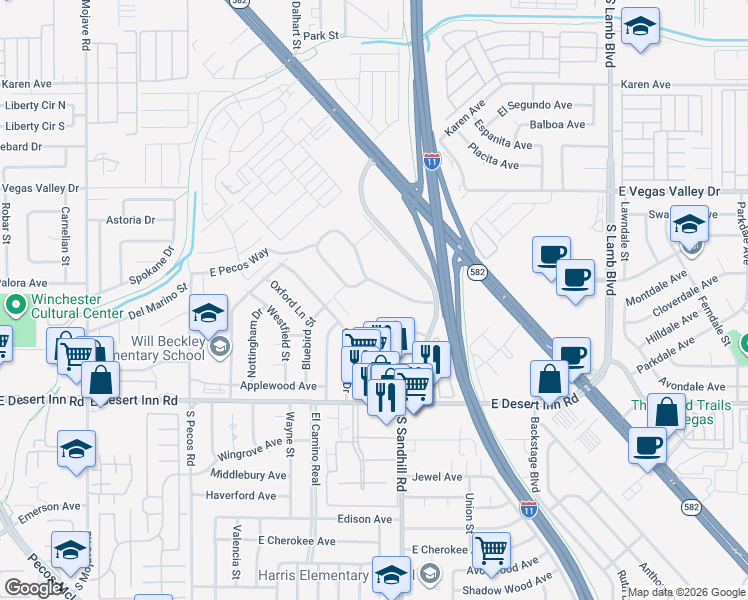 map of restaurants, bars, coffee shops, grocery stores, and more near 241 Greenbriar Townhouse Way in Las Vegas