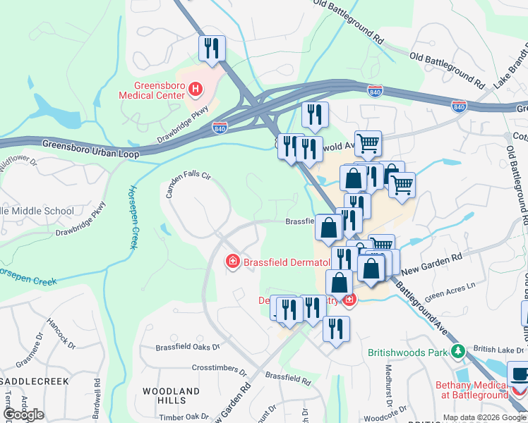 map of restaurants, bars, coffee shops, grocery stores, and more near 3214 Brassfield Road in Greensboro